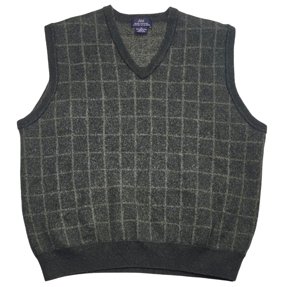 Brooks Brothers VTG XL Green Merino Wool Windowpane Plaid V-Neck Sweater